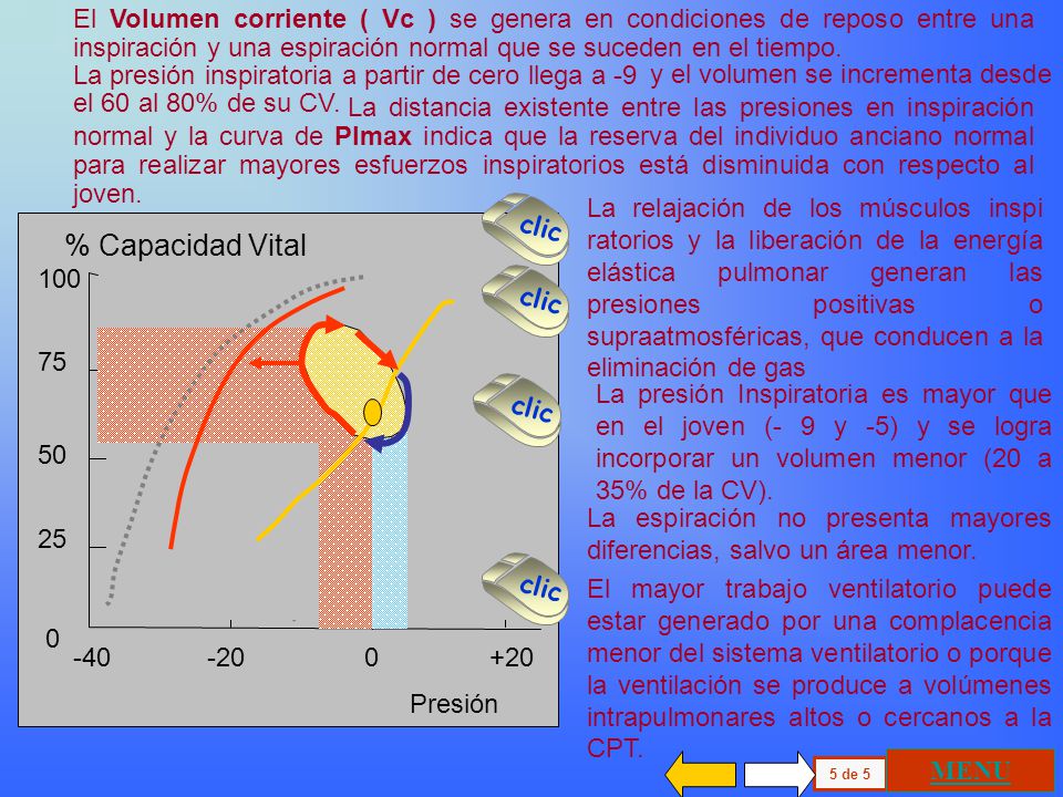 El Volumen corriente ( Vc ) se genera en condiciones de reposo entre una inspiración y una espiración normal que se suceden en el tiempo.