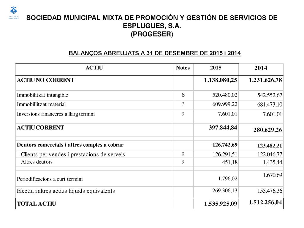 BALANÇOS ABREUJATS A 31 DE DESEMBRE DE 2015 i 2014