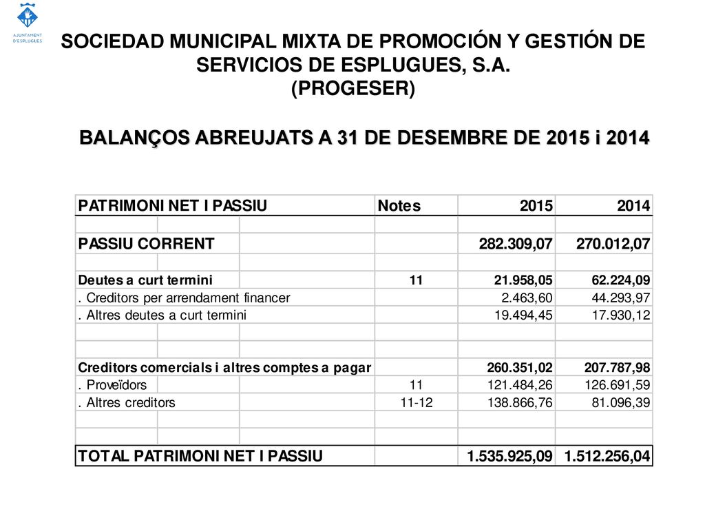 BALANÇOS ABREUJATS A 31 DE DESEMBRE DE 2015 i 2014