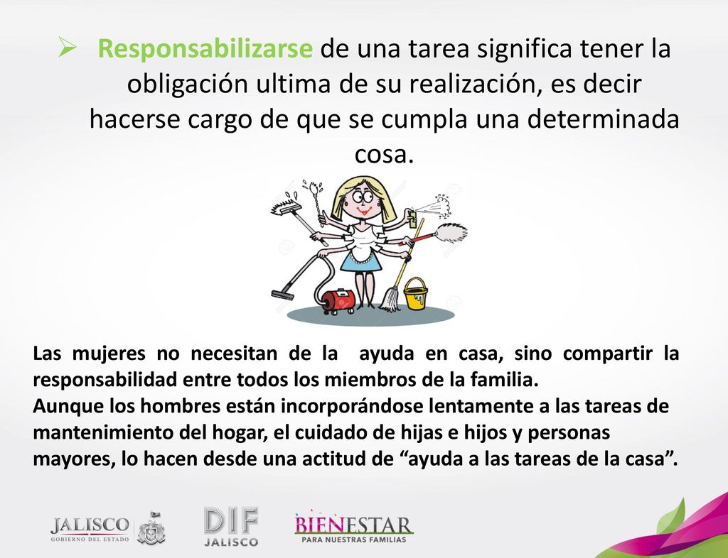 Responsabilizarse de una tarea significa tener la obligación ultima de su realización, es decir hacerse cargo de que se cumpla una determinada cosa.