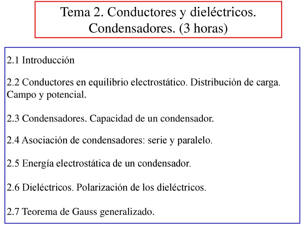 Tema 2. Conductores y dieléctricos. Condensadores. (3 horas)