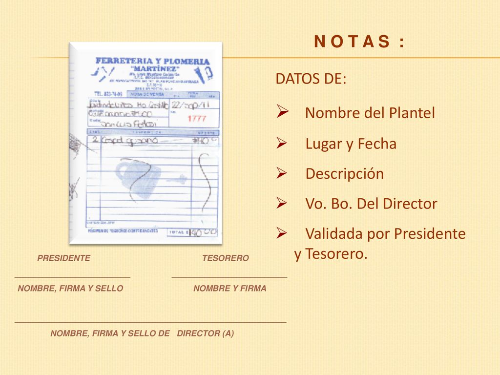 Nombre del Plantel N O T A S : DATOS DE: Lugar y Fecha Descripción