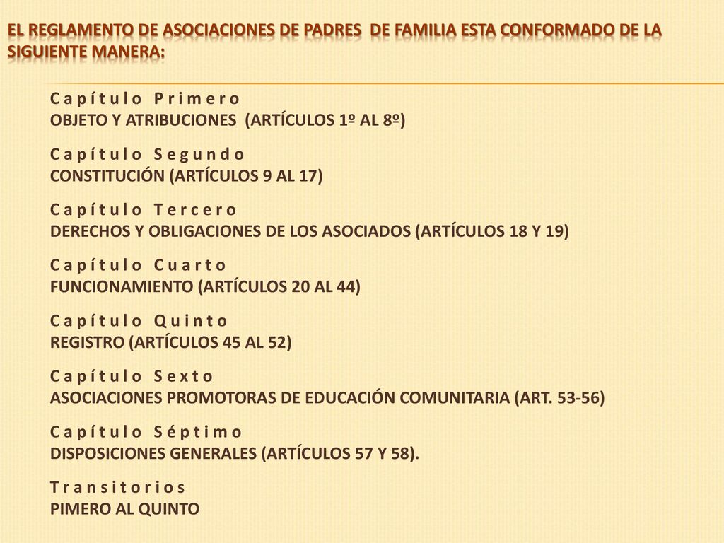 EL Reglamento de Asociaciones de Padres de Familia ESTA CONFORMADO DE LA SIGUIENTE MANERA: