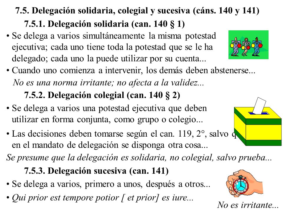 7.5. Delegación solidaria, colegial y sucesiva (cáns. 140 y 141)