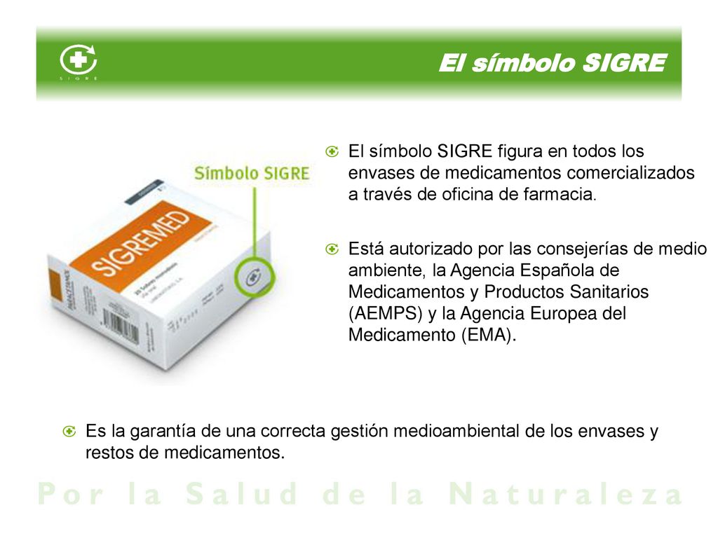 El símbolo SIGRE El símbolo SIGRE figura en todos los envases de medicamentos comercializados a través de oficina de farmacia.
