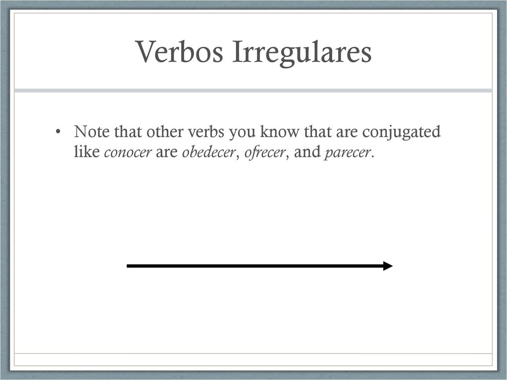 Verbos Irregulares Note that other verbs you know that are conjugated like conocer are obedecer, ofrecer, and parecer.