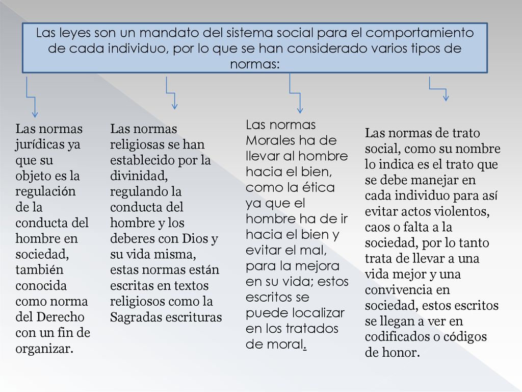 Las leyes son un mandato del sistema social para el comportamiento de cada individuo, por lo que se han considerado varios tipos de normas: