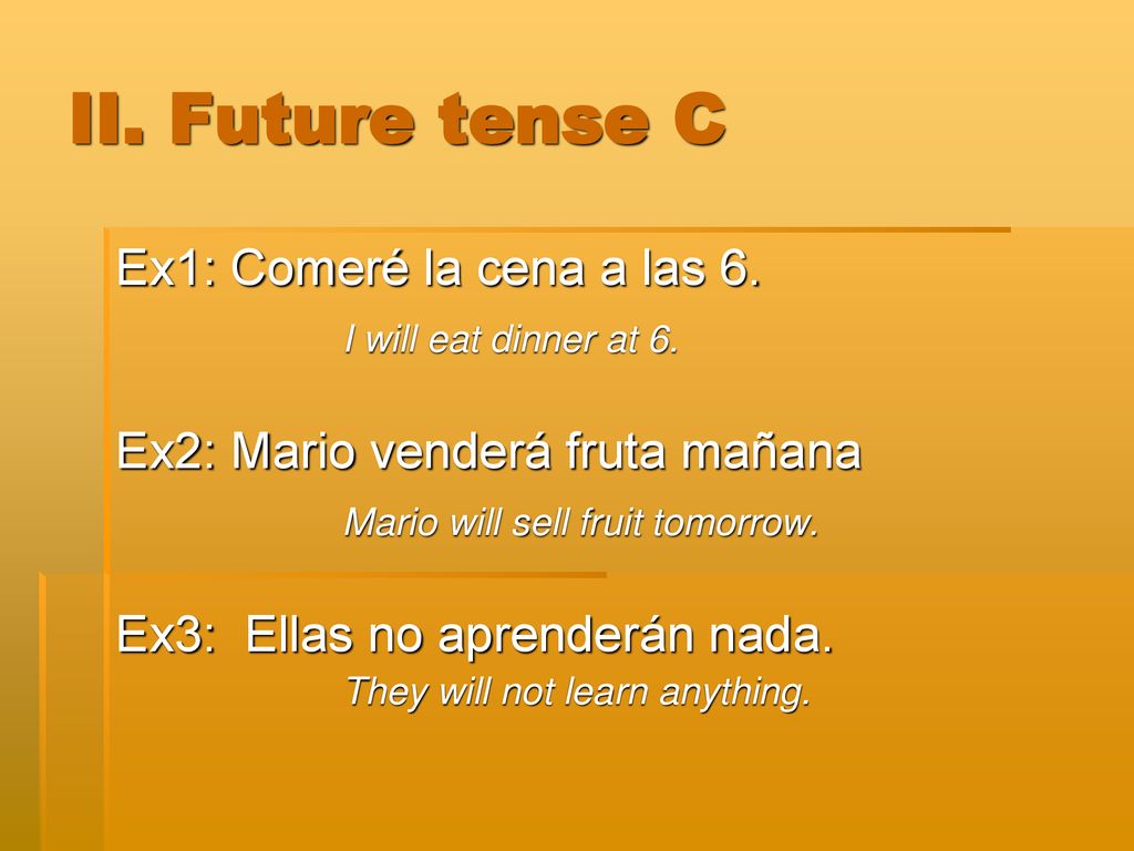 II. Future tense C Ex1: Comeré la cena a las 6.