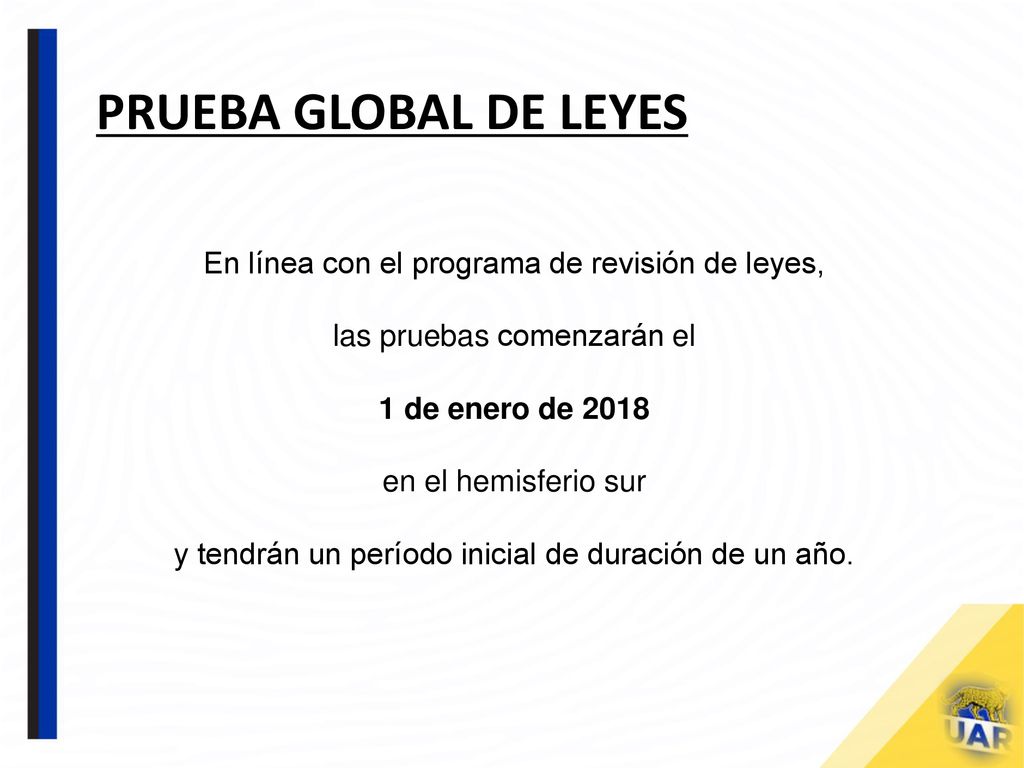 Prueba global de leyes En línea con el programa de revisión de leyes,