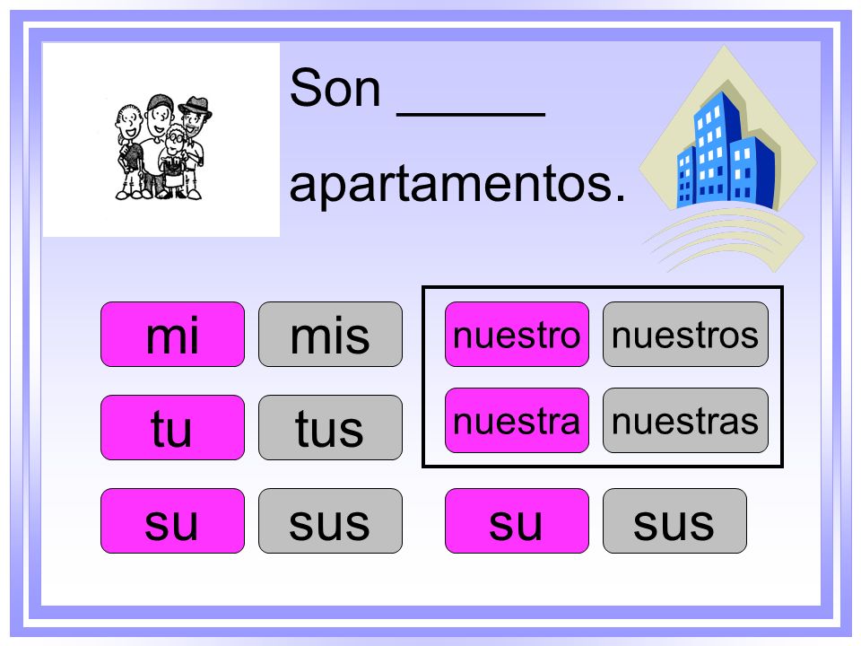 Son _____ apartamentos. mi mis tu tus su sus su sus nuestro nuestros