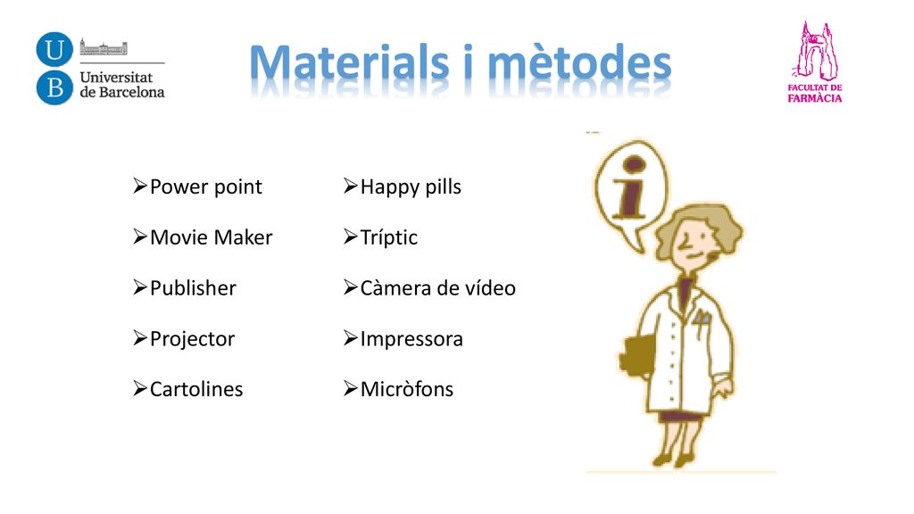 Materials i mètodes Power point Happy pills Movie Maker Tríptic