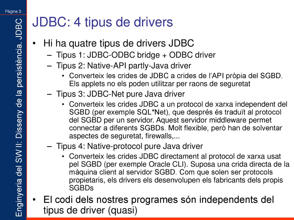 JDBC: 4 tipus de drivers Hi ha quatre tipus de drivers JDBC