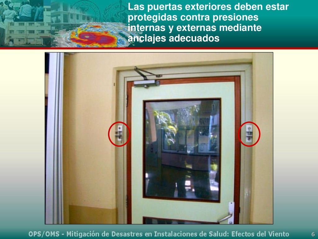 Las puertas exteriores deben estar protegidas contra presiones internas y externas mediante anclajes adecuados
