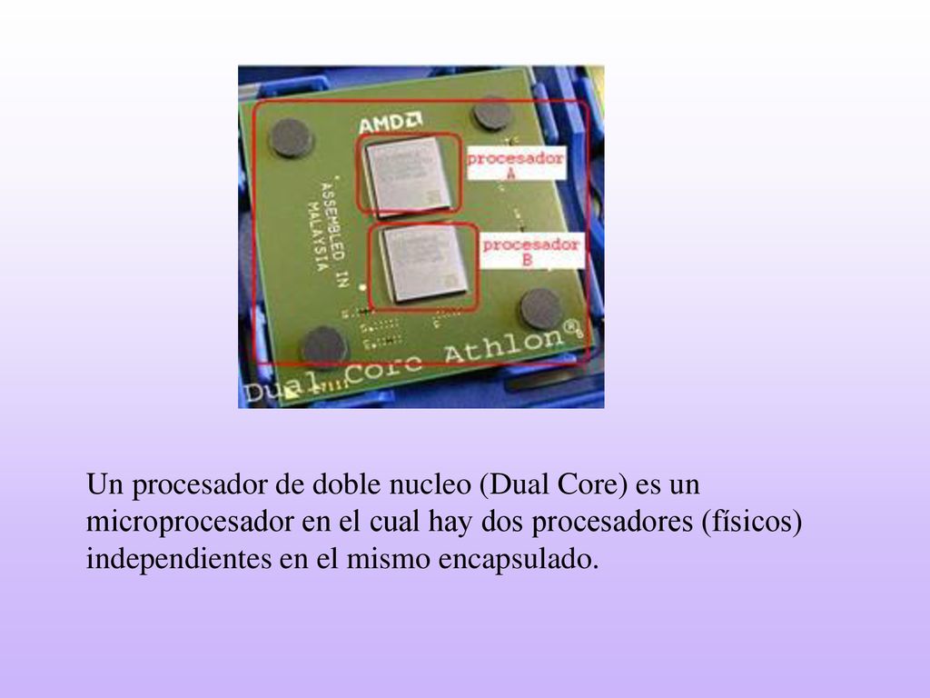 Un procesador de doble nucleo (Dual Core) es un microprocesador en el cual hay dos procesadores (físicos) independientes en el mismo encapsulado.