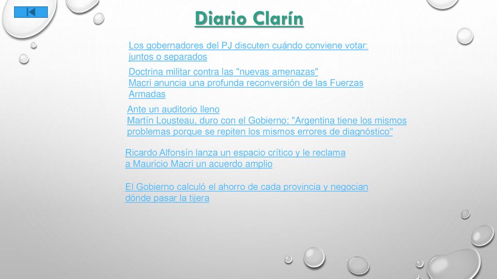 Diario Clarín Los gobernadores del PJ discuten cuándo conviene votar: juntos o separados. Doctrina militar contra las nuevas amenazas