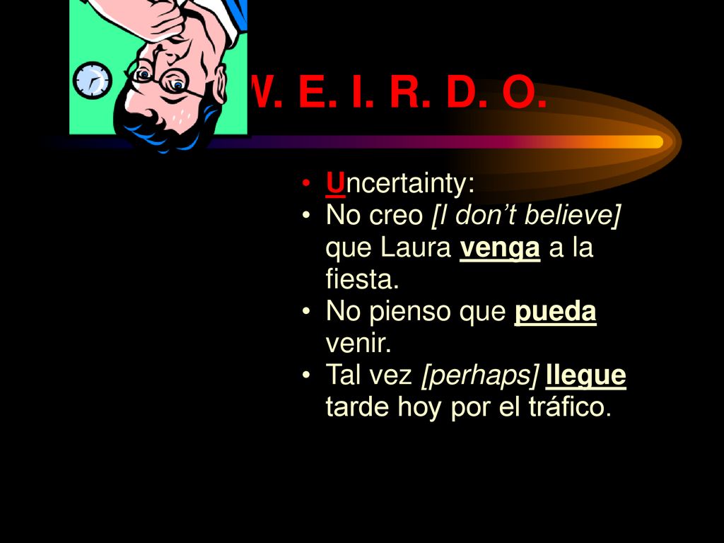 U. W. E. I. R. D. O. Uncertainty: No creo [I don’t believe] que Laura venga a la fiesta. No pienso que pueda venir.