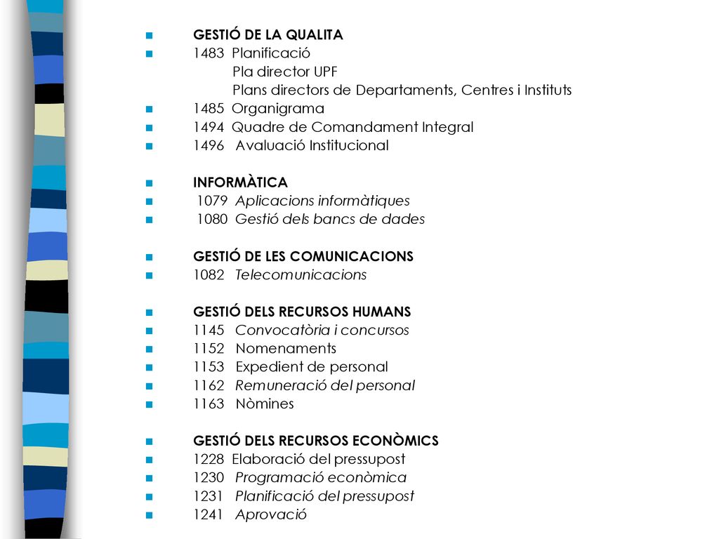 GESTIÓ DE LA QUALITA 1483 Planificació. Pla director UPF. Plans directors de Departaments, Centres i Instituts.