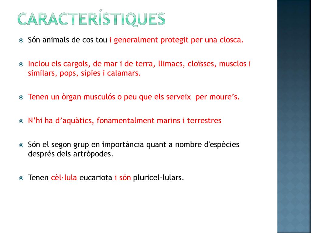 característiques Són animals de cos tou i generalment protegit per una closca.