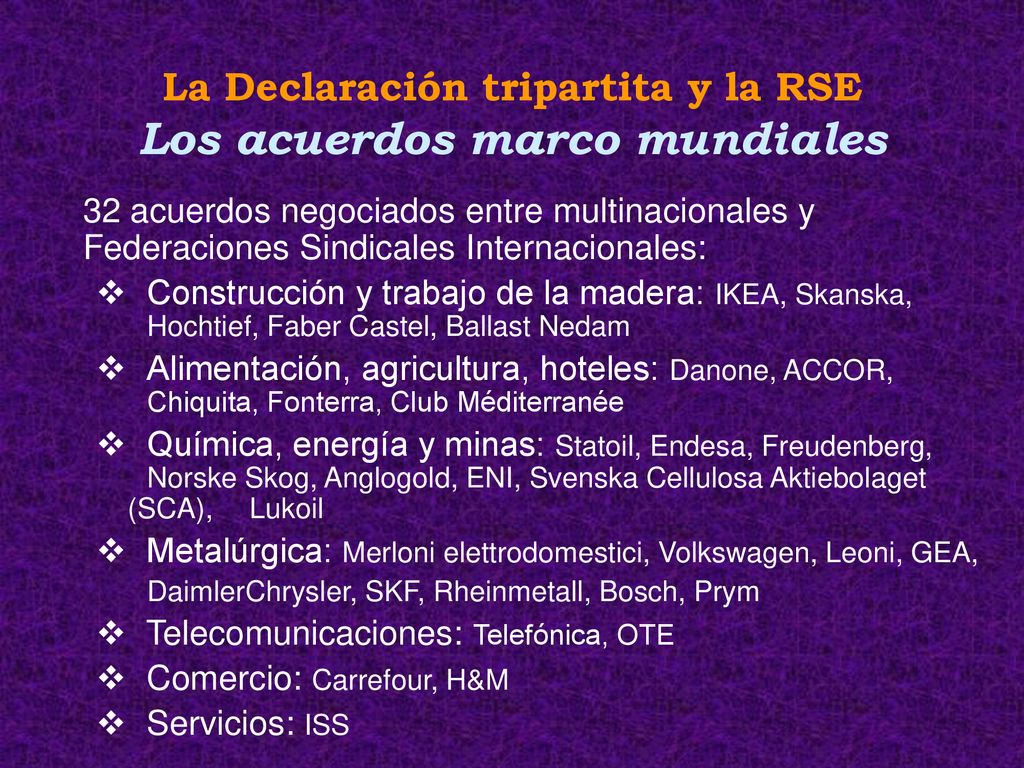 La Declaración tripartita y la RSE Los acuerdos marco mundiales