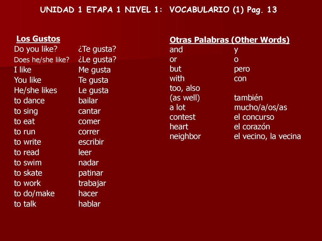 UNIDAD 1 ETAPA 1 NIVEL 1: VOCABULARIO (1) Pag. 13