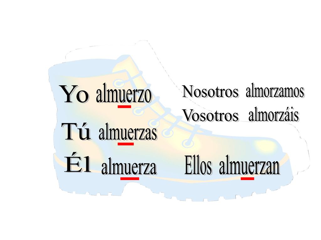 almuerzo almorzamos Yo Nosotros almorzáis Vosotros Tú almuerzas Él Ellos almuerzan almuerza