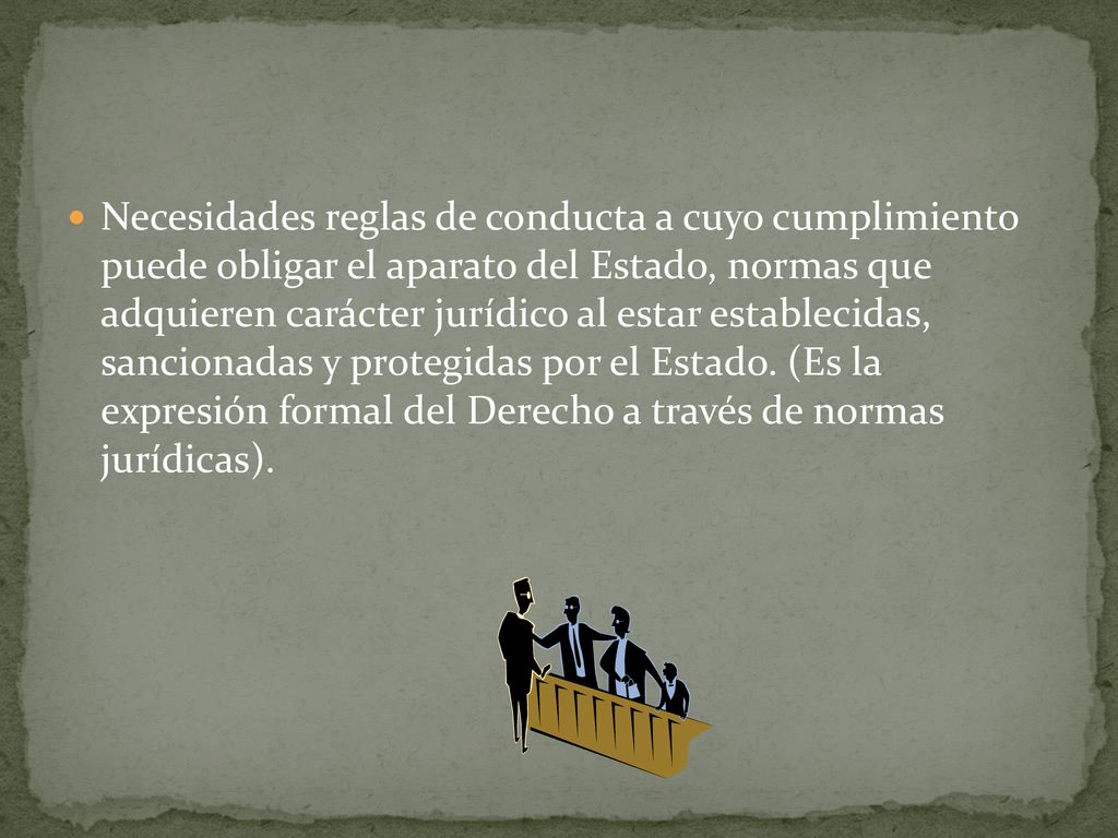 Necesidades reglas de conducta a cuyo cumplimiento puede obligar el aparato del Estado, normas que adquieren carácter jurídico al estar establecidas, sancionadas y protegidas por el Estado.