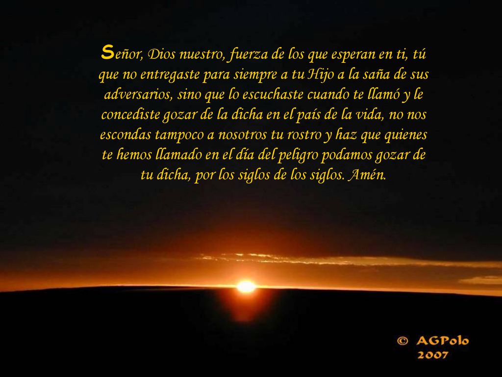 Señor, Dios nuestro, fuerza de los que esperan en ti, tú que no entregaste para siempre a tu Hijo a la saña de sus adversarios, sino que lo escuchaste cuando te llamó y le concediste gozar de la dicha en el país de la vida, no nos escondas tampoco a nosotros tu rostro y haz que quienes te hemos llamado en el día del peligro podamos gozar de tu dicha, por los siglos de los siglos.