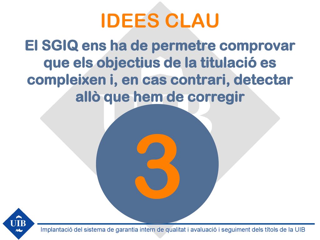 IDEES CLAU El SGIQ ens ha de permetre comprovar que els objectius de la titulació es compleixen i, en cas contrari, detectar allò que hem de corregir.