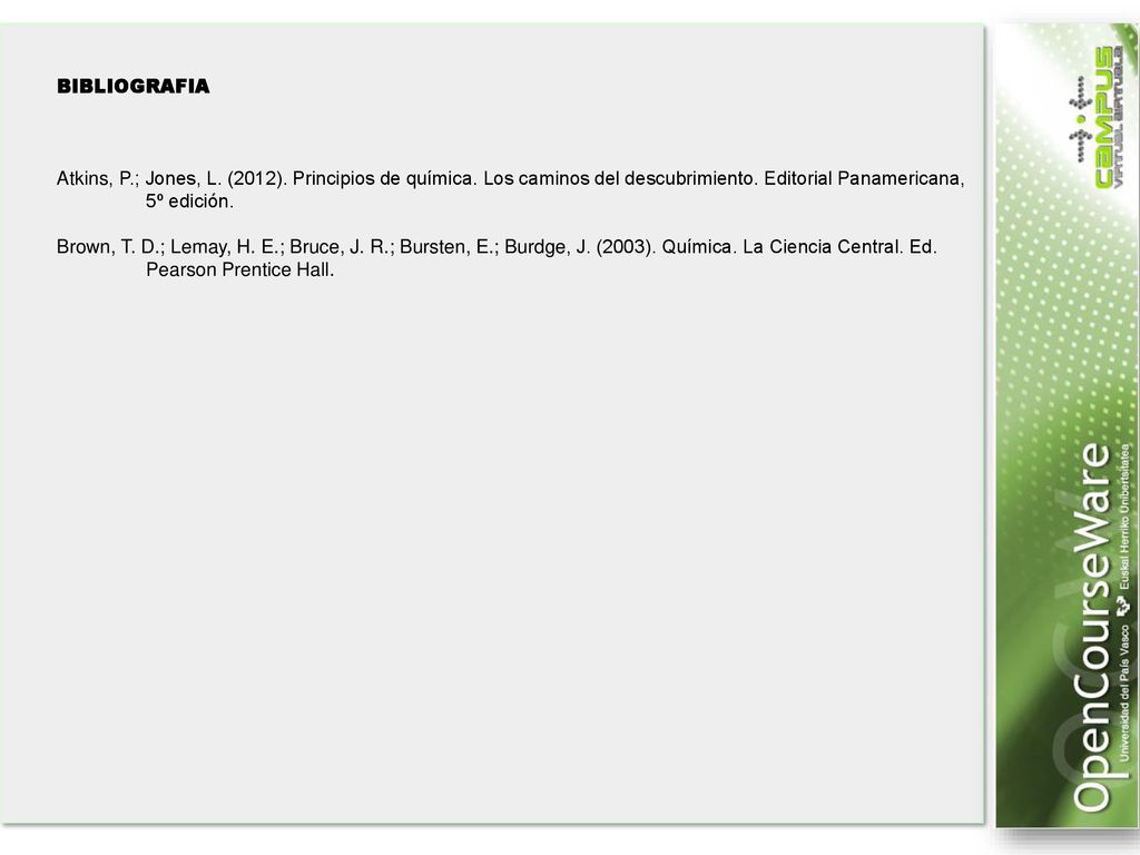 BIBLIOGRAFIA Atkins, P.; Jones, L. (2012). Principios de química. Los caminos del descubrimiento. Editorial Panamericana, 5º edición.