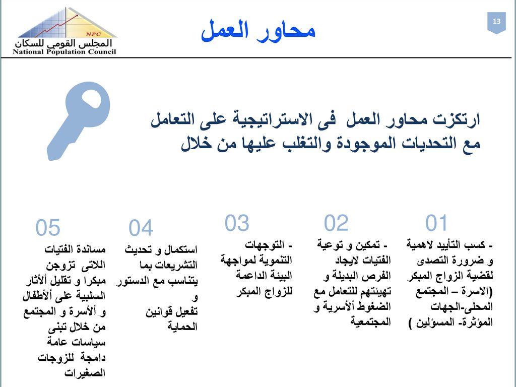 محاور العمل 13. ارتكزت محاور العمل فى الاستراتيجية على التعامل مع التحديات الموجودة والتغلب عليها من خلال.
