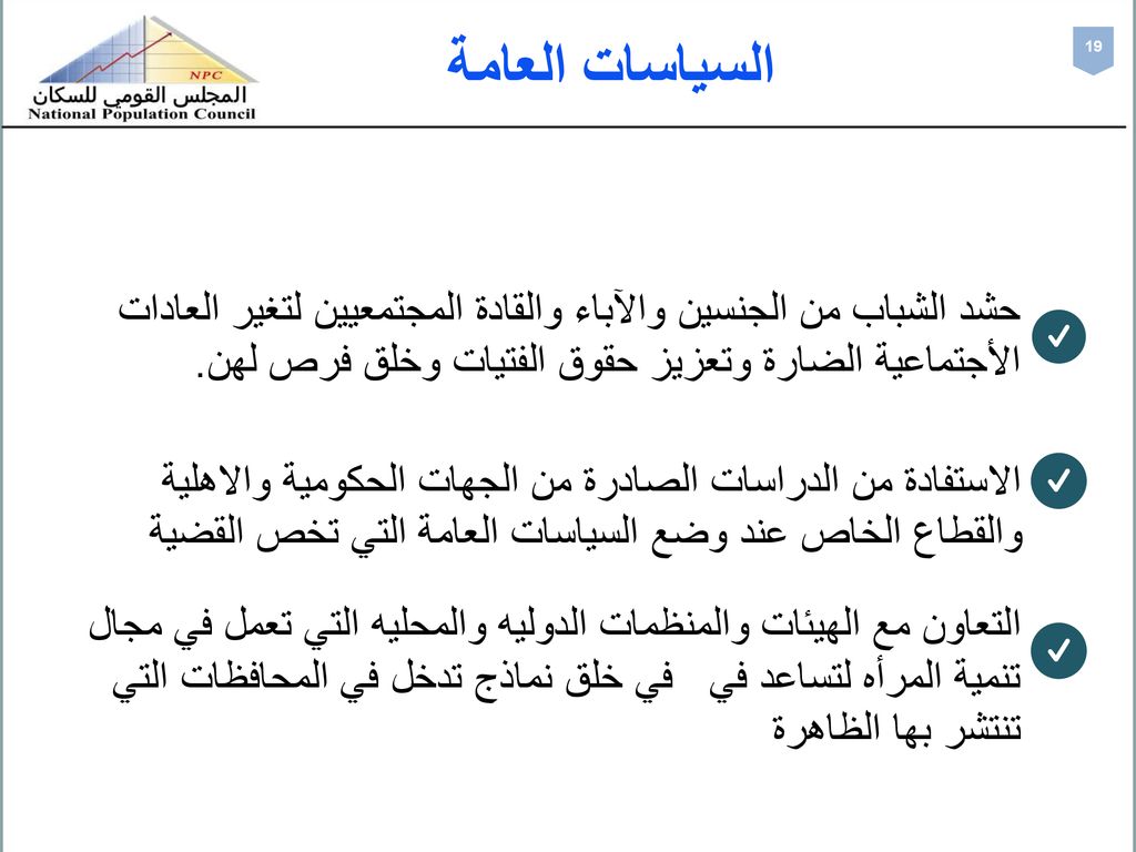 السياسات العامة 19. حشد الشباب من الجنسين والآباء والقادة المجتمعيين لتغير العادات الأجتماعية الضارة وتعزيز حقوق الفتيات وخلق فرص لهن.