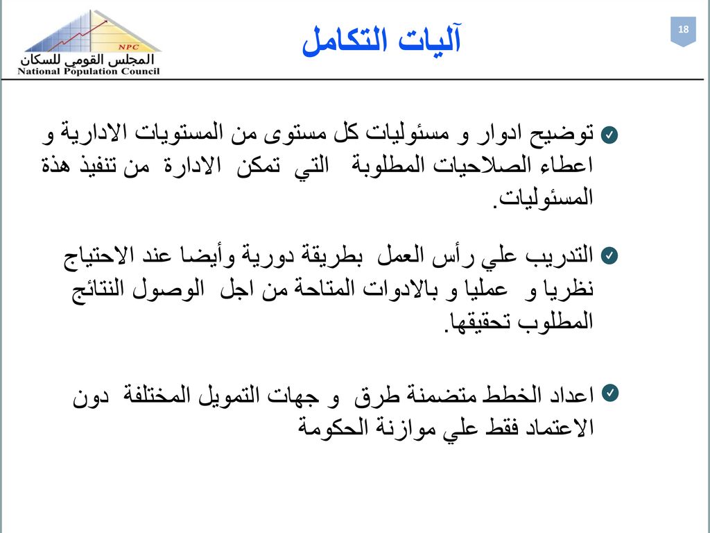 آليات التكامل 18. توضيح ادوار و مسئوليات كل مستوى من المستويات الادارية و اعطاء الصلاحيات المطلوبة التي تمكن الادارة من تنفيذ هذة المسئوليات.