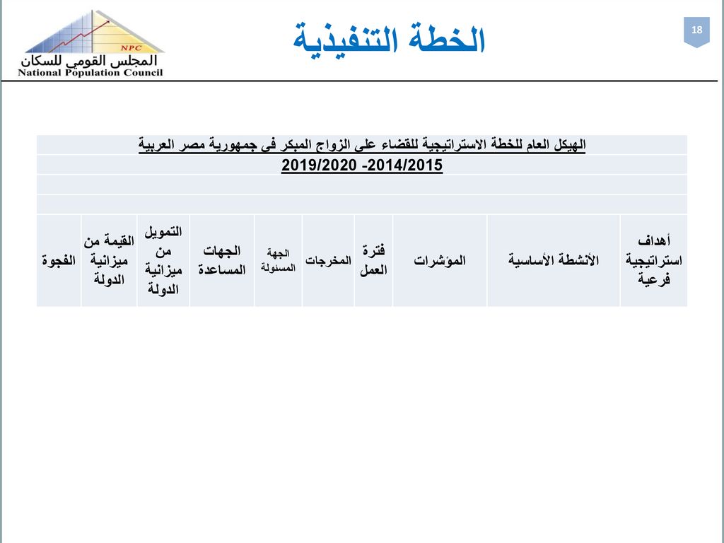 الخطة التنفيذية 18. الهيكل العام للخطة الاستراتيجية للقضاء علي الزواج المبكر في جمهورية مصر العربية.