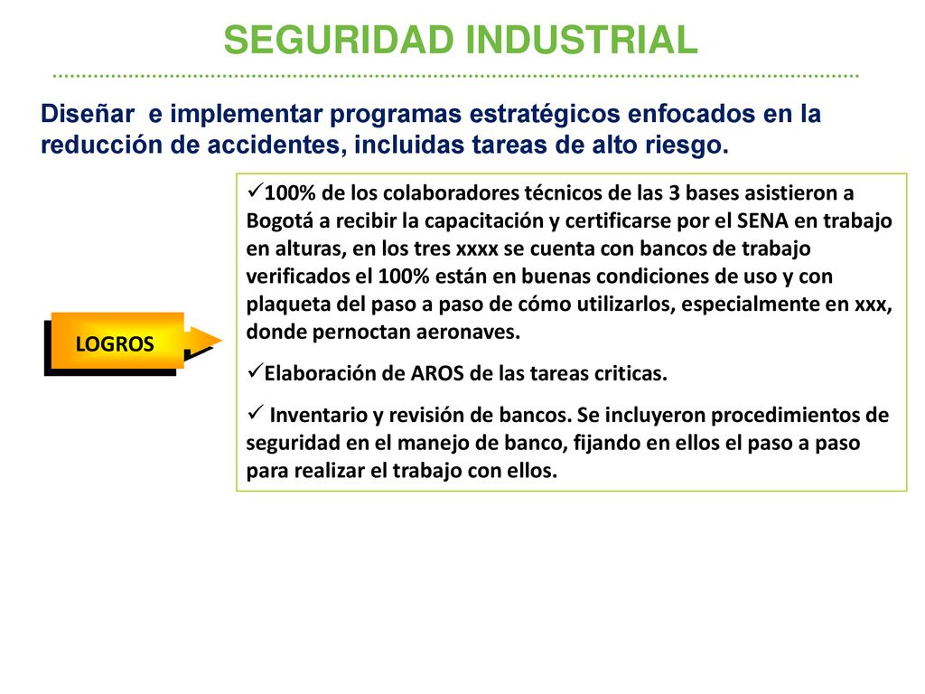 SEGURIDAD INDUSTRIAL Diseñar e implementar programas estratégicos enfocados en la reducción de accidentes, incluidas tareas de alto riesgo.