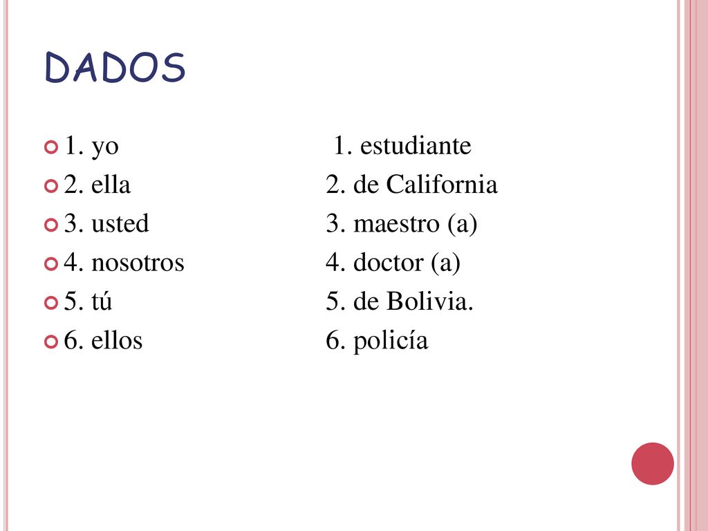 DADOS 1. yo 1. estudiante 2. ella 2. de California