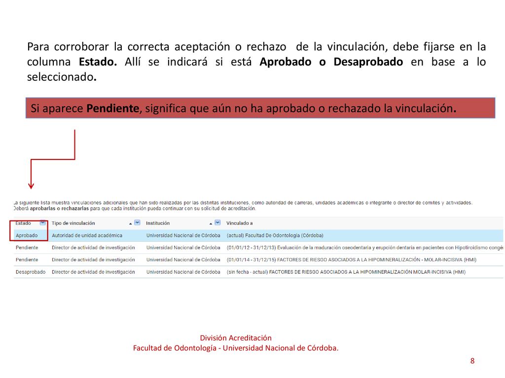 Para corroborar la correcta aceptación o rechazo de la vinculación, debe fijarse en la columna Estado. Allí se indicará si está Aprobado o Desaprobado en base a lo seleccionado.