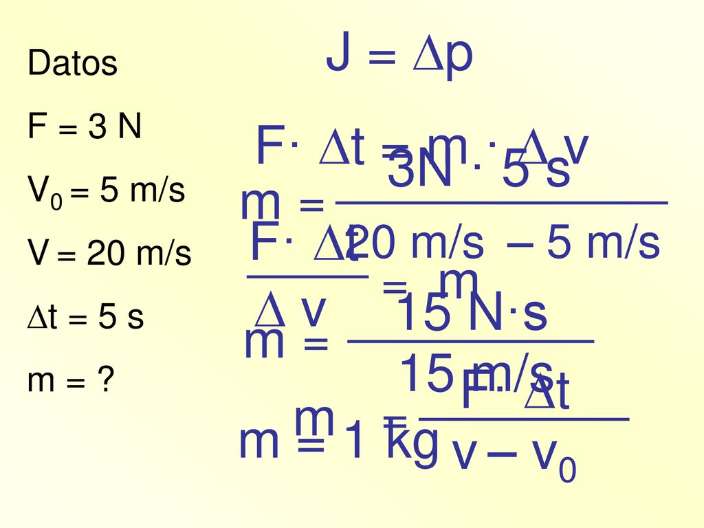 J = p F· t = m ·  v 3N · 5 s m F· t m  v 15 N·s m 15 m/s F· t m
