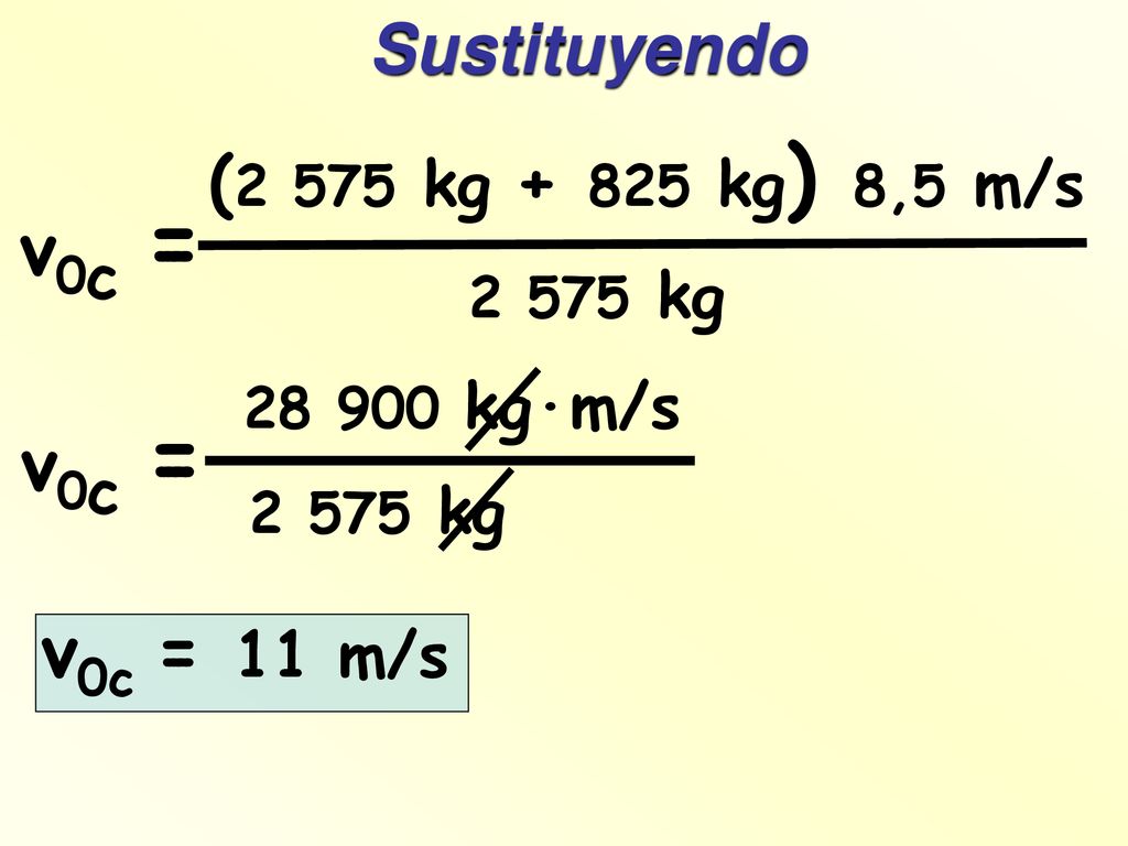 v0c = v0c = v0c = 11 m/s Sustituyendo (2 575 kg kg) 8,5 m/s