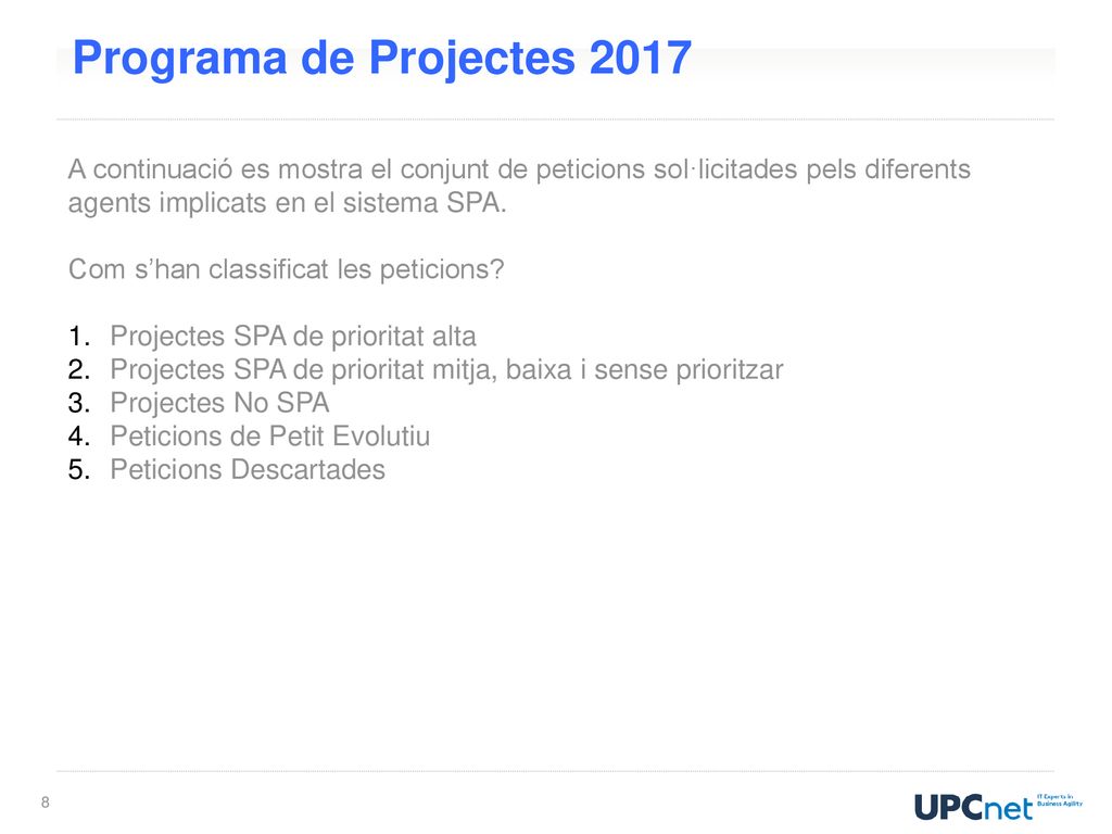 Programa de Projectes 2017 A continuació es mostra el conjunt de peticions sol·licitades pels diferents agents implicats en el sistema SPA.
