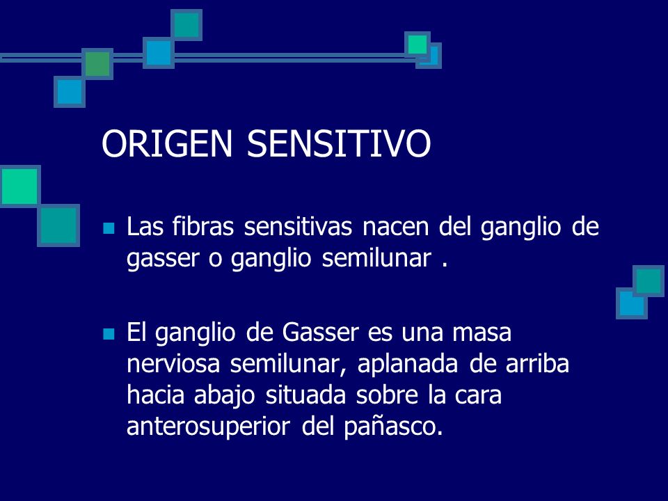 ORIGEN SENSITIVO Las fibras sensitivas nacen del ganglio de gasser o ganglio semilunar .
