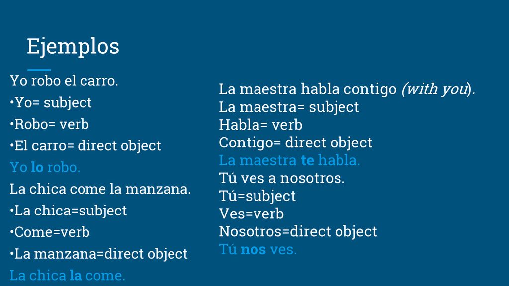 Ejemplos La maestra habla contigo (with you). La maestra= subject