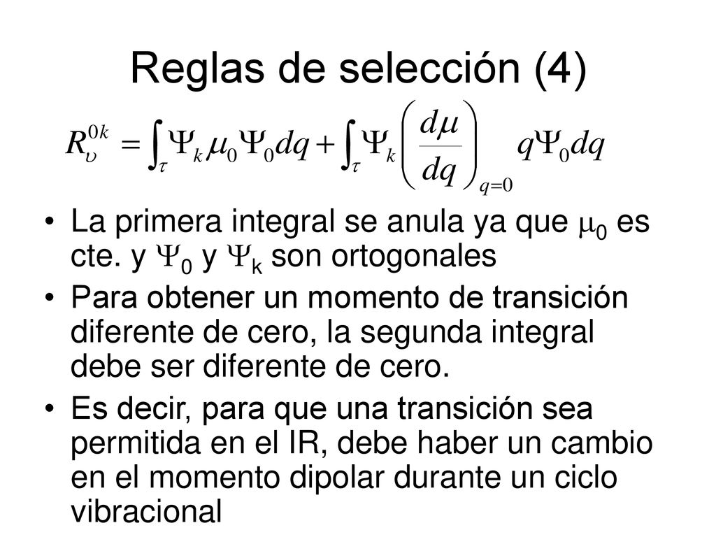 Reglas de selección (4) La primera integral se anula ya que 0 es cte. y 0 y k son ortogonales.