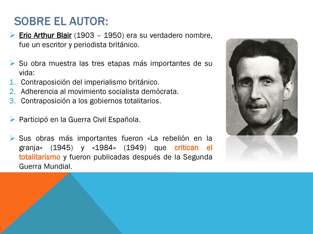 Sobre el autor: Eric Arthur Blair (1903 – 1950) era su verdadero nombre, fue un escritor y periodista británico.