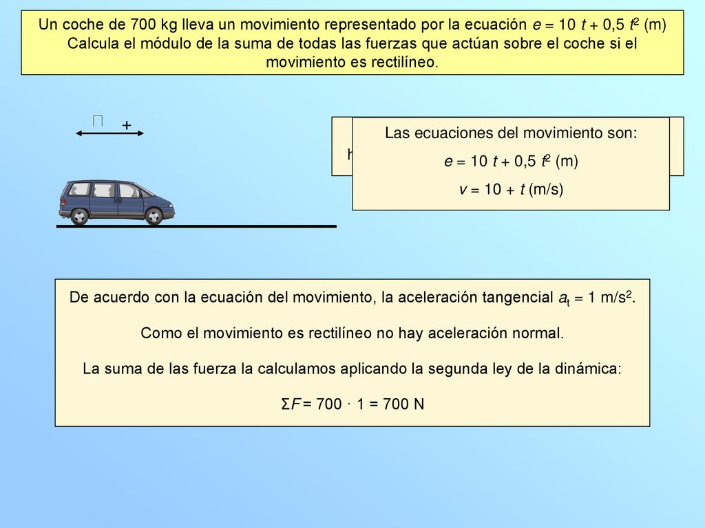 Un coche de 700 kg lleva un movimiento representado por la ecuación e = 10 t + 0,5 t2 (m)