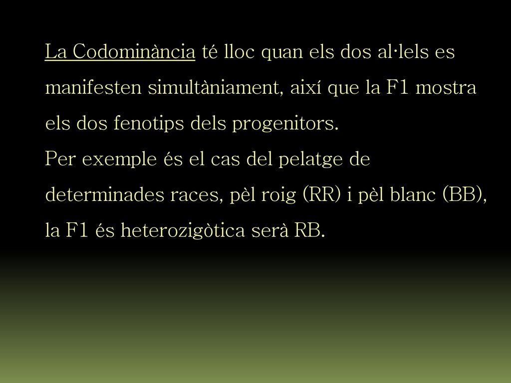La Codominància té lloc quan els dos al·lels es manifesten simultàniament, així que la F1 mostra els dos fenotips dels progenitors.
