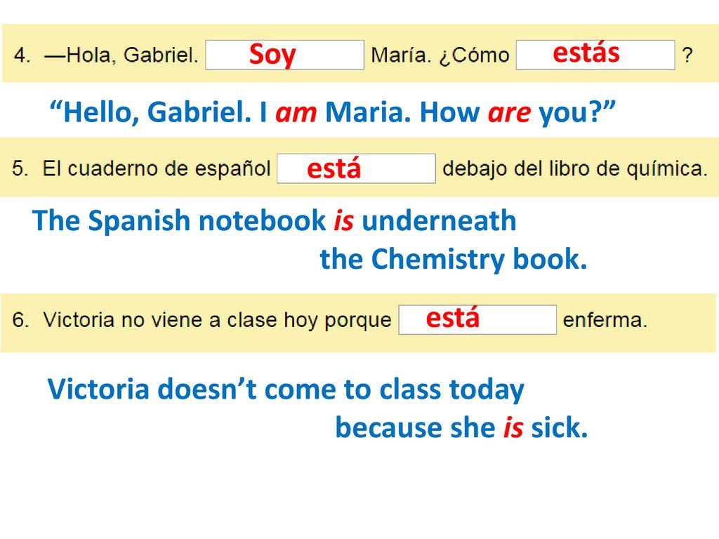 Soy estás Hello, Gabriel. I am Maria. How are you está The Spanish notebook is underneath the Chemistry book.