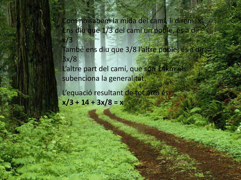 Com no sabem la mida del camí, li direm: x Ens diu que 1/3 del camí un poble, és a dir: x/3 També ens diu que 3/8 l’altre poble, és a dir: 3x/8 L’altre part del camí, que són 14km els subenciona la generalitat.