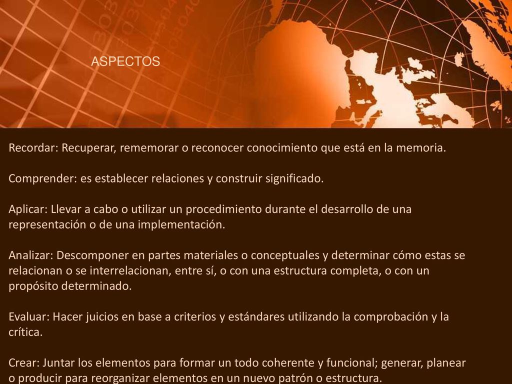 ASPECTOS Recordar: Recuperar, rememorar o reconocer conocimiento que está en la memoria.