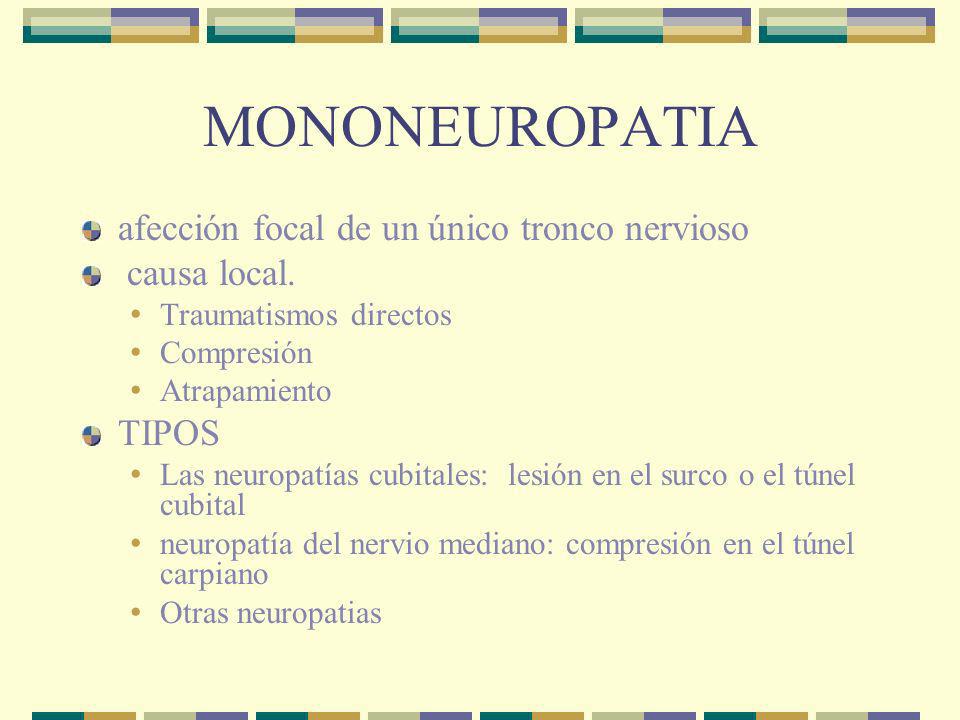 MONONEUROPATIA afección focal de un único tronco nervioso causa local.