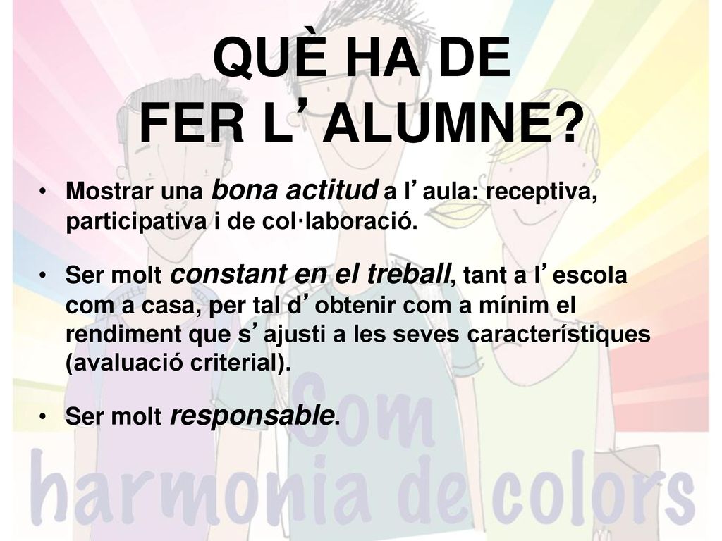 QUÈ HA DE FER L’ALUMNE Mostrar una bona actitud a l’aula: receptiva, participativa i de col·laboració.